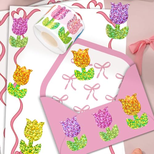 Image of 500Pcs Spring Vinyl Tulip Stickers Roll 1.2in Large Glitter Stickers 6 Colors Flower Label Tag Self-Adhesive Classroom Reward Waterproof Decals for Birthday Envelope Journal Decor