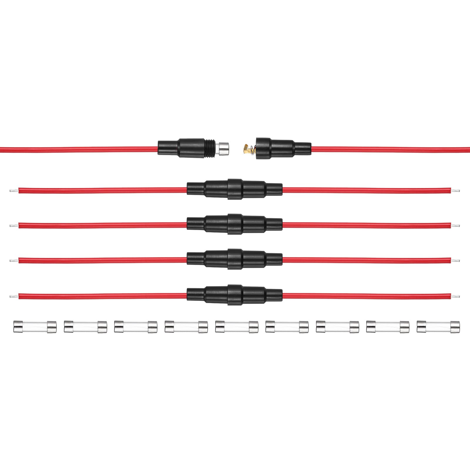 sourcing map 5 Pcs 6X30mm Inline Screw Type Fuse Holder, 250V 10A Fast-Blow Leaded Type Fuse with 18AWG 20cm Wire and F10A 250V Fast Blow Glass Fuses