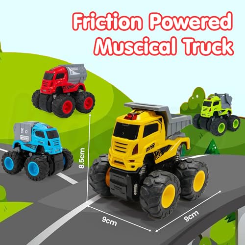 Image of Kidology Mini Trucks Toys Set of 4 | Push to Go Educational Toy Trucks Gift Set for Toddlers -Toy Vehicles with Flashing Lights & Music | Small Toys for Kids, Safe Non-Toxic Plastic