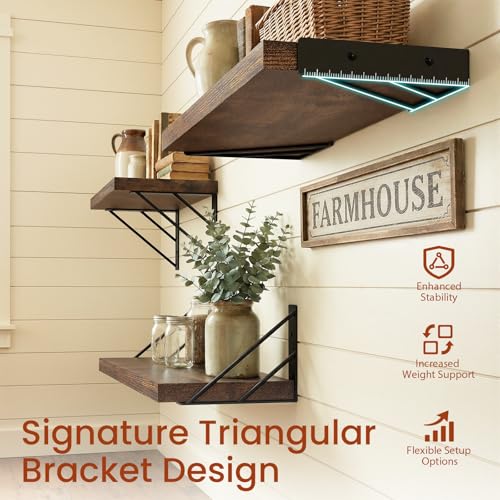 Image of BAYKA Wall Shelves for Bathroom Decor, Rustic Brown, Set of 4, 16in | Floating Shelves for Living Room Kitchen Storage, Mounted Rustic Wood Shelves for Kids Books, Corner Shelf for Bedroom
