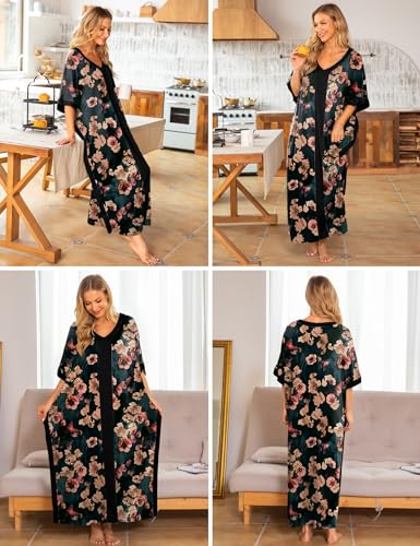Image of Bloggerlove Women Nightgowns Cotton Caftan House Dress Short Sleeve Sleepwear Vacation Beach Moo Moos Dress with Pockets