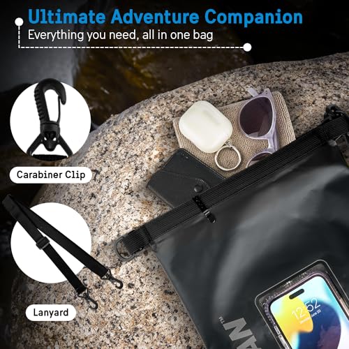 Image of Pelican Marine IP68 Waterproof Dry Bag 5L with Phone Pouch /Case - Black | Roll Top Waterproof Backpack with Touchscreen Phone Pouch - Swimming, Kayaking, Camping, Rafting, Fishing & Travel Essentials