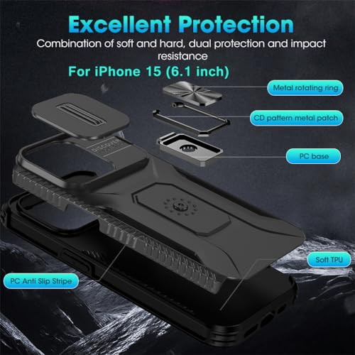 Image of ZORBES Phone Case for iPhone 15 Multifunctional Phone Cover with Folding Phone Ring Grip & Sliding Camera Cover, PC Anti-Scratch Phone Case for iPhone 15 6.1 inch Black