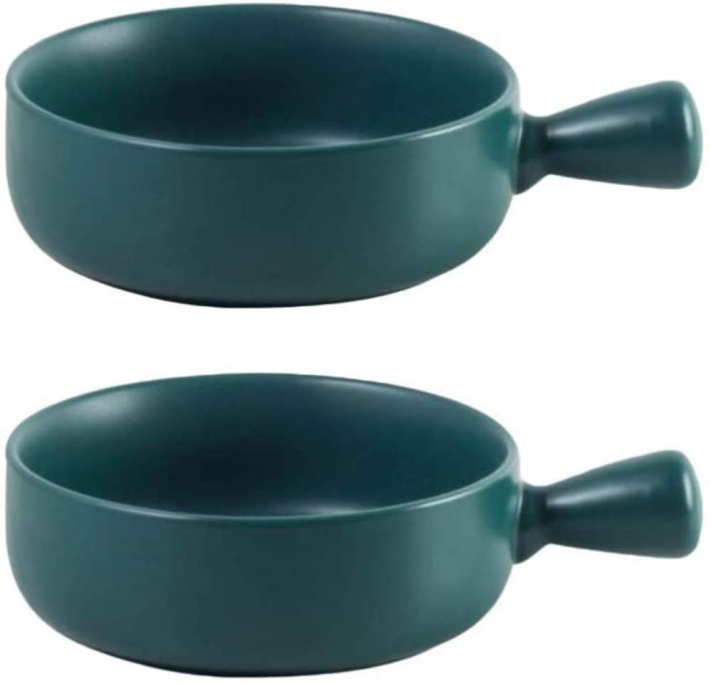 2 cuencos redondos de porcelana mate para sopa de cebolla con asas de cerámica, color verde