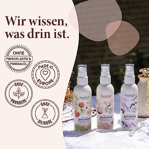 Jean & Len Nährendes Trockenöl Kokos & Sandelholz, für den Körper & das Gesicht, pflegt intensiv & zieht schnell ein, auch für die Haarspitzen geeignet, Hautöl, ohne Parabene & Silikone, vegan, 100 ml