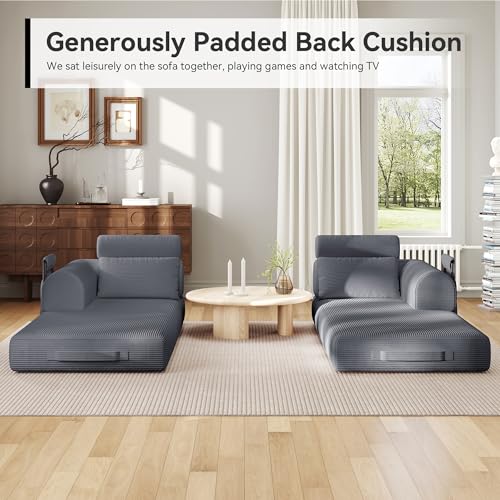 Image of Upgrade High Backrest Design Sofa Bed with Fixed-Shape Frame & Removable Armrests and Backrest, Corduroy Fabric, Convertible Couch for Small Spaces - No Assembly Needed (Dark Gray)