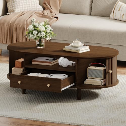 BNUZ Mesa de centro para salón, 50 x 100 cm, color nogal, mesa de café con cajones y espacio de almacenamiento abierto, mesa de sofá con puerta enrollable, mesa auxiliar, mesa de salón con 4 patas de