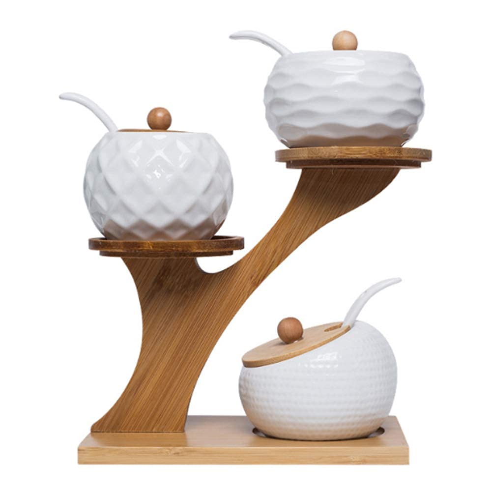 Lot de 3 récipients à épices en céramique avec couvercle et cuillère, pots à sucre et sel, porte-épices pour cuisine et table à manger (C)