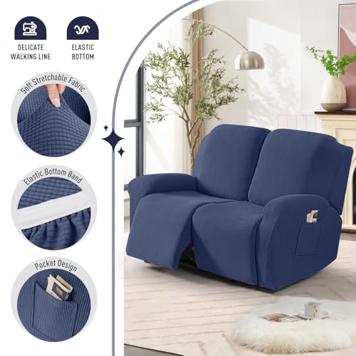 Image of TAOCOCO Recliner Loveseat Slipcover, 6 Pieces Dual Recliner Sofa Covers for 2 Seat Dual Reclining Loveseat Couch, Stretch Soft Jacquard Pattern Furniture Protector with Elasticity Navy Blue