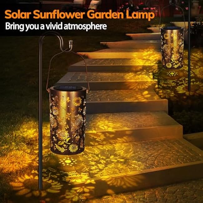 Sunflower Solar Lanterns Outdoor Waterproof, Metal Hanging Solar Lights Sunflower Lantern for Outdoor Porch Patio Yard Garden Decor, Sunflower Birthday Gifts for Women Mom