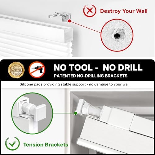 LazBlinds Cordless Cellular Shades, No Tools No Drill Light Filtering Honeycomb Shades Pleated Blinds for Windows, 47'' W x 48'' H, White