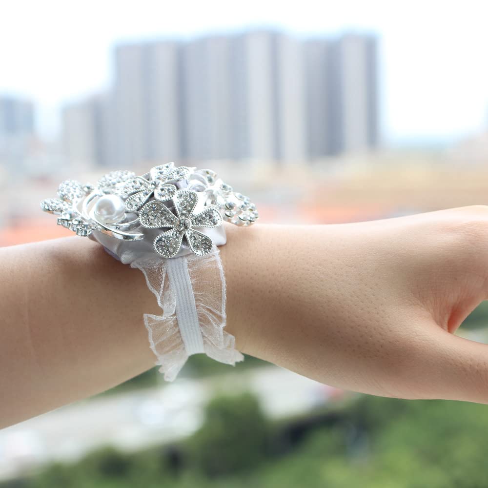 corsage for silver dress Royal Blue Silver Gray Floral Wrist Corsage & Matching Boutonniere | Satin Chiffon Flowers Rhinestone | Prom Wedding Homecoming Keepsake