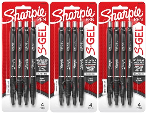 Sharpie S-Gel Pens | Fine Point 0.5mm | Black Ink | Pack of 12 | Retractable Gel Pens | Comfort Grip