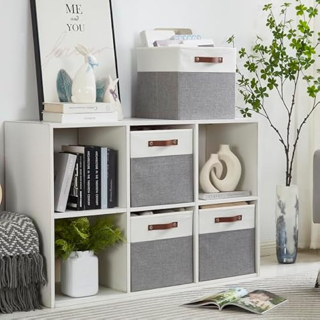 Collapsible Fabric Storage Cube Bins with 2 Reinforced PU Handles, Foldable Storage Organizer Baskets for Closet, Shelves, Living Room | 13x13x13, 4 Pack, Gray & White