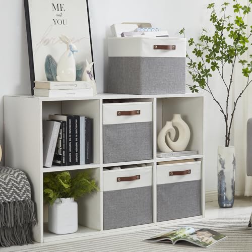 Image of Bagnizer Collapsible Fabric Storage Cube Bins with 2 Reinforced PU Handles, Foldable Storage Organizer Baskets for Closet, Shelves, Living Room | 13 inchx13 inchx13 inch, 4 Pack, Gray & White