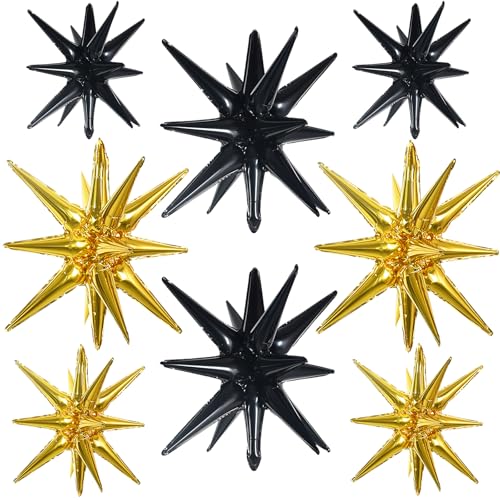Image of TONIFUL 8 Pcs Explosion Star Balloons Black and Gold Foil Party Decorations | 2 Size Mylar Star Balloon for New Year Party Decor Christmas Graduation Birthday Wedding Baby Shower Photo Booth Supplies