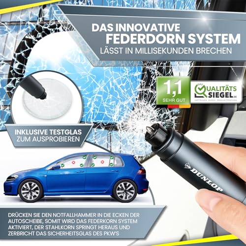 Dunlop Automotive Gurtschneider Notfallhammer-Marken Notfall Hammer mit Testglas zum Üben-Zerstört insbesondere Verbund Sicherheitsglas der neuen Auto Generation-Federkorn Nothammer-Emergency CarTool