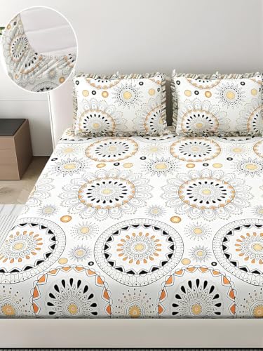 Image of King Size Fitted Bedsheet for Double Bed | 300 TC Cotton Feel Microfiber | All Around Elastic with 2 Frill Pillow Covers | Soft & Durable | (WhiteGolaFRILL, Fitted - Double72x72)