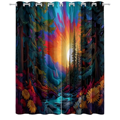 Genérico Cortinas Fantasía Bosques Montañas Auroras 2 Paneles para habitación Infantil, Verde Cortina Opaca De Dormitorio, Poliéster Cortinas Opacas con Aislamiento Térmico para Sala
