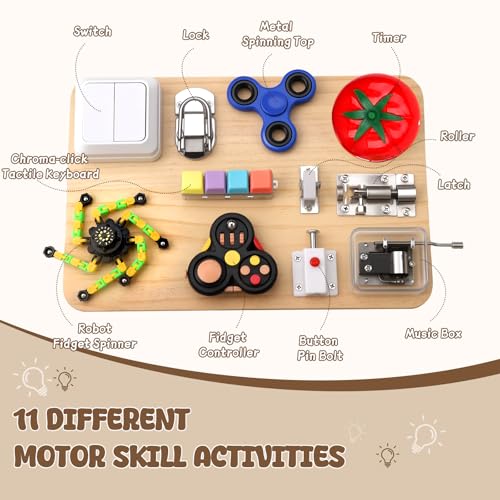Image of Fidget Spinner Pad Busy Board Toys Robot Fidget Spinner Music Box Switch Latches Keyboard Sensory 11 in 1 Wooden Montessori Travel Activity Board Focus Toy Motor Skills Gift for Girls Boys