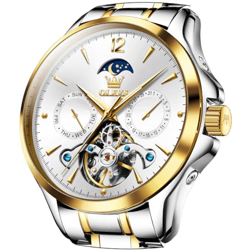 Image of OLEVS Men's Wristwatch, Popular, Mechanical Watch, Automatic Winding, Date, Calendar, Dial, Stainless Steel, Luminous, Gentleman's Watch, White, white - 663, Bracelet Type