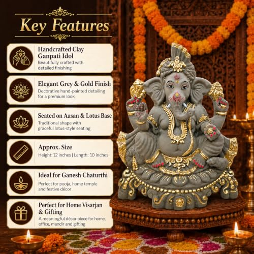 Image of 12 Inches. Big Clay Ganesha Idol, Mitti Ganpati Statue for Visarjan at Home, Water Soluble Clay Idol for Ganesh Chaturthi (Grey Golden)