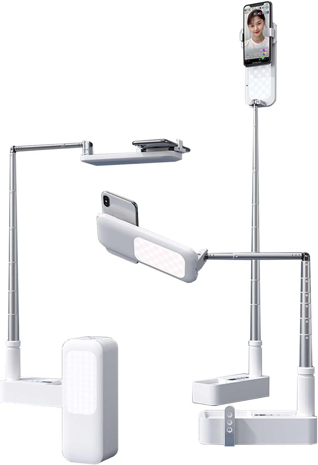 Hmyloz Live Streaming Foldable LED Extendable Selfie Stand 7 Stage Brightness 360° Rotate Rechargeable Bluetooth Remote Compatible with 3.5-6.1" Phone