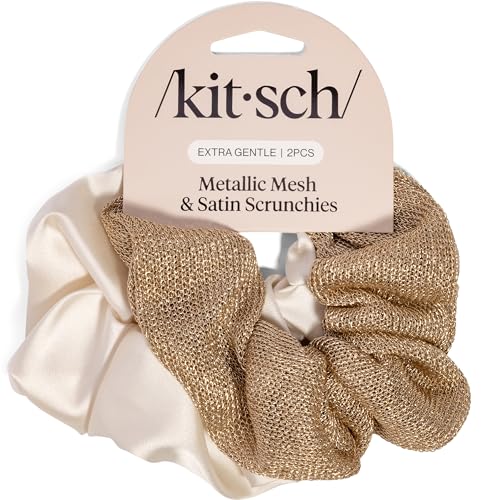 Image of Kitsch Metallic Mesh & Satin Scrunchies For Women - Recycled Fabric Hair Ties for Secure Hold, Comfortable Wear | Softer Than Silk Scrunchies For All Hair Types - Cream & Gold, 2pcs