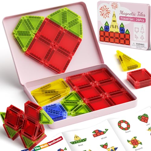 Niukdier 26PCS Mini Magnetic Tiles Travel Set Iron Box Storage