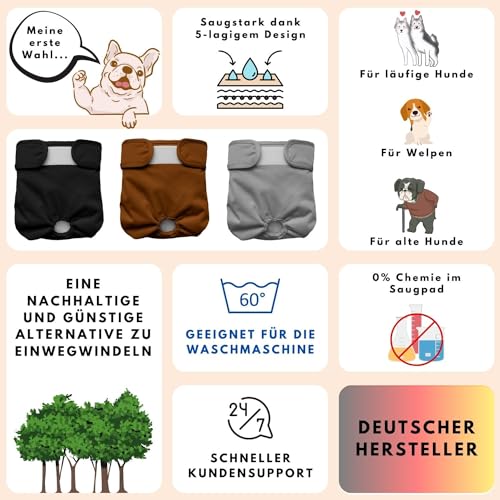 Alpenstern® Wiederverwendbare Hundewindeln für Hündinnen (3 Stück) Waschbare Läufigkeitshose für Hündinnen bei Inkontinenz & Läufigkeit - Hundehöschen Hunde Windel - Hygienisch & Saugstarker Stoff