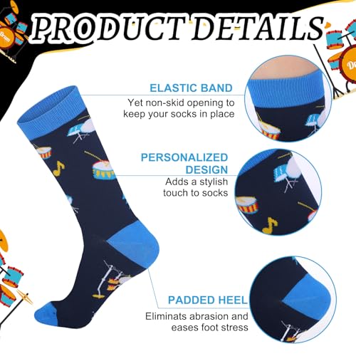 Bonuci 6 Pairs Drummer Socks Gift Funny Novelty Crew Socks for Men Teens Gift for Christmas Drumming Music Lovers - Thumbnail 5