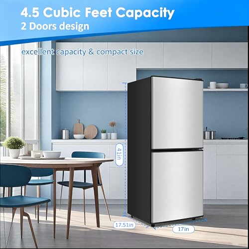 Image of Compact Refrigerator with Freezer, 4.5 Cu. Ft. 2-Door Dorm Fridge with Adjustable 7-Level Thermostat, Small Refrigerator with Freezer for Home, RV, Apartment, Office, Silver