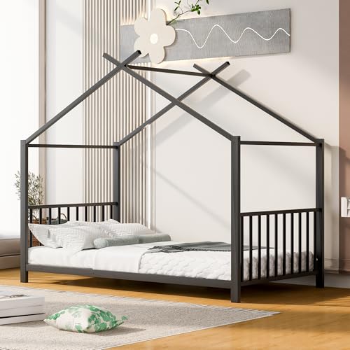 Twin Metal House Bed Frame with Black Finish