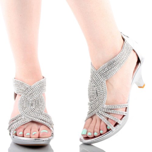 Delicacy JJF Shoes -62 Womens Strappy Rhinestone Dress Sandal Low Heel Shoes,Silver,7 - Thumbnail 5