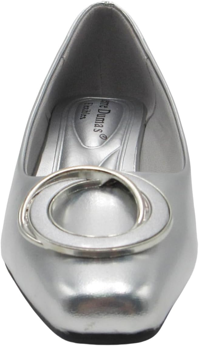 Women's Classic Faux Patent Leather Pump with Decorative Buckle Low Block Heel, Slip-On Dress Shoe - Image 3