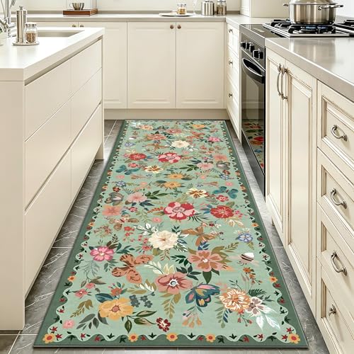 UKELER Front Door Mat 2x5 Feet, Non Slip Washable Foldable Boho Floral Laundry Room Rug Runner, Durable Low Profile Accent Throw Rugs for Front Back Door Entryway Bathroom Kitchen Laundry Room, Green