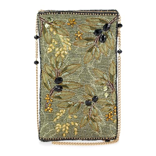 Mary Frances Olive Branch Beaded Floral Crossbody Cell Phone Bag Clutch with Leaf and Blossom Design, Green