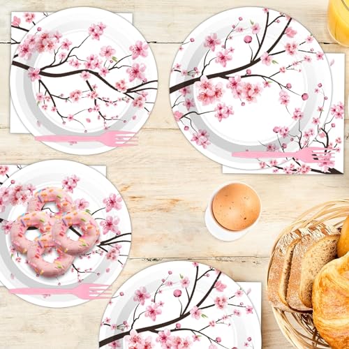 Image of Qyeahkj 100 PCS Cherry Blossom Party Supplies Set Cherry Blossom Plates and Napkins Japanese Disposable Paper Party Tableware Forks Packs Decorations for Hibachi Spring Birthday Decoration Serve 25