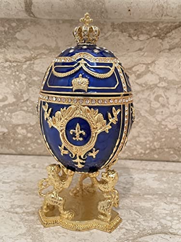 Large Sapphire Blue Fabergé Egg 24Kgold 4Ct Collectors Egg Russian Jewelry Box Faberge Egg Trinket Hand Decorated With 200 Crystal Diamonds Russian Faberge Egg Ornament Anniversary Day Gift For Him #TOP1
