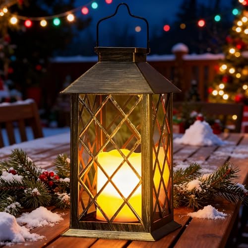 Yowin Solarlaterne für Außen Große Solarlampen Garten mit Flammeneffekte Kerze, Gewalztes Glas, Hängend Solar Laternen Wasserdicht Tischlampe, Solarleuchten für Terrasse Balkon Pavillon Deko - Bronze