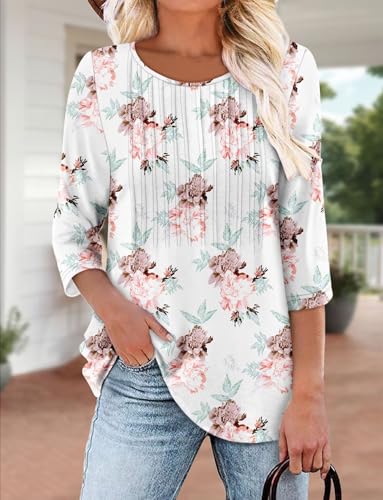 KISSMODA Tunic Tops for Women Loose Fit Dressy Round Neck Pleated 3/4 Length Sleeve Spring Tops