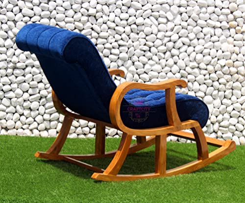 Image of CRAFTCITY Rocking Chair |Sheesham Wood Elegant Rocking Chair with Pillow and Matching Foot Stool and Pre assembeled(Royal Blue)