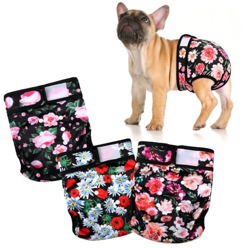 Image of wegreeco Frenchie Dog Diapers Female No Tail Hole, Washable Pet French Puppy Bulldog Diapers Female for Period Heat, Reusable Doggy Doggie Dog Diapers (Pink Flowers, Large