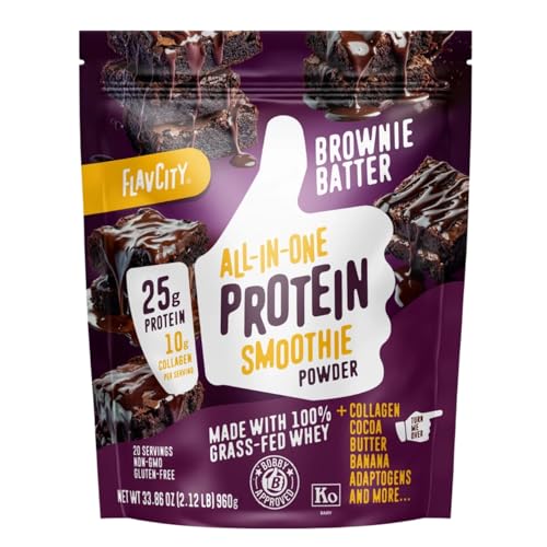 FlavCity Brownie Batter Chocolate Protein Powder, All in One Smoothie + Collagen Peptides, Reishi & Cordyceps - Focus, Skin, Hair & Joint Support - 100% Grass Fed Whey, Organic Cocoa, 20 Servings