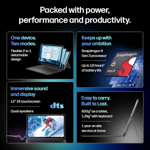 Image of HP Omnipad 12 with Detachable Keyboard, Touchscreen, 12'' /30.38cm, 2K, 400 nits, 90Hz, 8GB LPDDR5, 128GB UFS, WiFi 6E, DTS Quad Speakers, Upto 18 Hours Battery, Silver, Lightweight Tablet