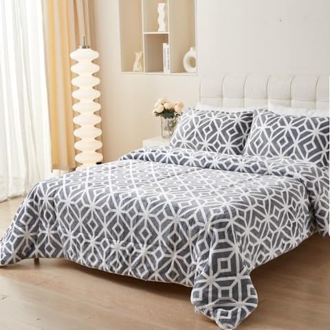 TIENDA EURASIA - Edredón Nórdico con Borreguito, Estampado Moderno, Ideal para Invierno, Tacto Suave y Confortable, Conjunto de Edredón y Funda de Almohada (Cama 135/150-220 x 240 cm, Gris)