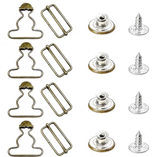 Wouputy 4 Sets 2 Inch Overall Buckles Replacement Metal Suspender Fasteners with Rectangle Slider Buckles and Buttons
