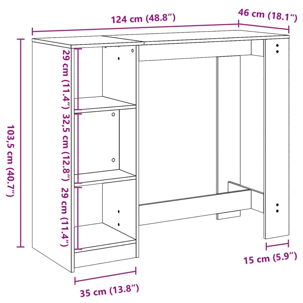 Bartisch Mit Regal Betongrau 124x46x103,5 cm Holzwerkstoff | 4 Fächer Stauraum, Pflegeleicht, Feuchtes Tuch Reinigung, Für Küche Wohnzimmer