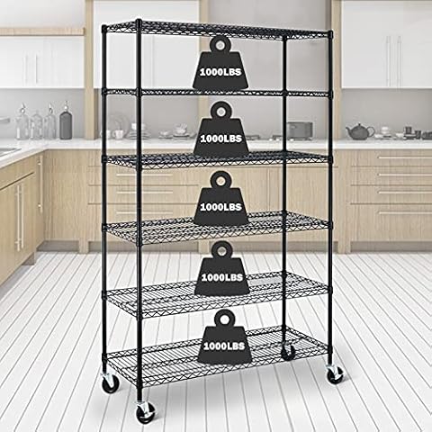 TTY Store 6 Tier Wire Shelving Unit Rack NSF Heavy Duty Height Adjustable Metal Storage Shelf with Wheels&Feet Levelers for Garage Rack Commercial Rack - (18inchx48inchx76inch, Black, 6000 LBS) Cover