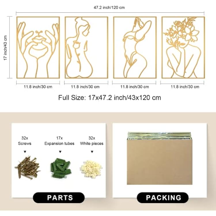 Glamativity 4 Pack Gold Wall Art Decor, Minimalist Single Line Real Metal Wall Art, Woman's Body Shape Abstract Wall Art (Gold Classic Style, 17 x 11.8'')